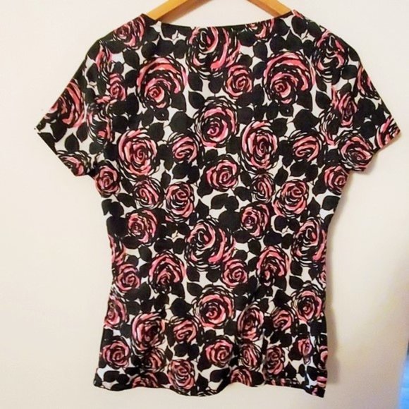 East 5th V-Neck‎ Rose Print Blouse Black Pink M - Picture 2 of 3
